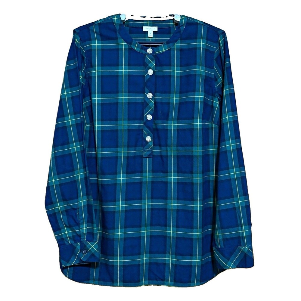 Talbots Womens M Blue Green Plaid Cotton Popover Blouse Rhinestone Buttons